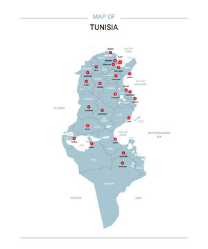 Tunisia vector map. Editable template with regions, cities, red pins and blue surface on white background. 