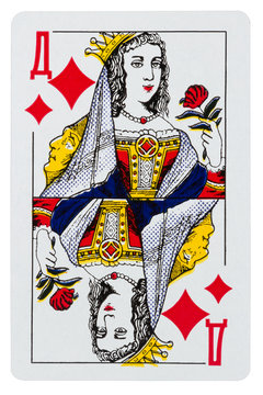 Playing card Queen of diamonds isolated on white