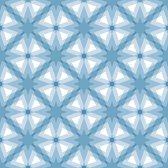 Geomtric pattern of eight-pointrd stars arranged diagonally with blue colors with different transparency. Seamless pattern vector illustration.