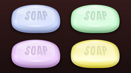Blue, purple, green and yellow soap bar set. Household stuff for washing and cleaning. Isolated on brown background. EPS10 vector illustration.