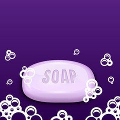 Fragrant soap bar with white flat foam. Household stuff for washing and cleaning. Template for writing text. Purple background. EPS10 vector illustration.