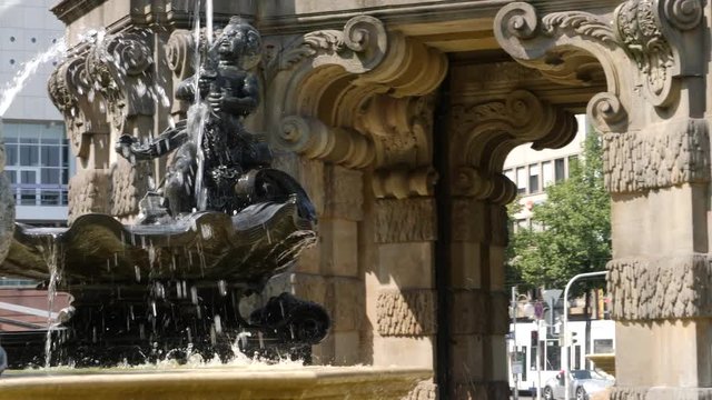 Close up- base of Grupello Pyramid fountain in Mannheim, Germany 4K