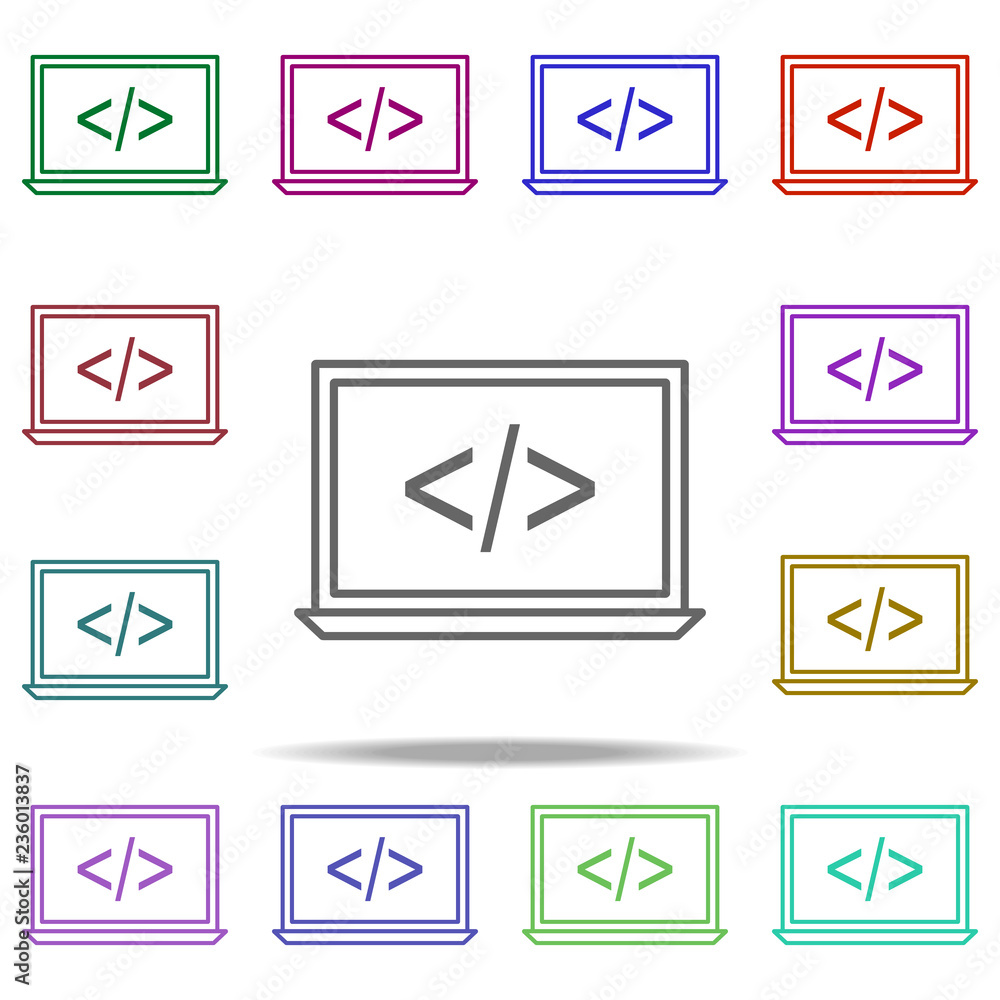 Poster laptop coding icon. elements of online and web filled in multi color style icons. simple icon for we