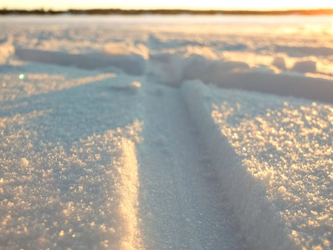 skitracks and sunshine on frozen lake