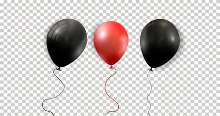Black and RED Balloons. Realistic Helium Balloons Isolated on Transparent Background. Holiday Decoration Element for Events and Promotions. Vector eps 10.