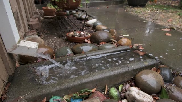A downspout on a house, water pouring onto a concrete splash block, and over a sidewalk path during heavy rain