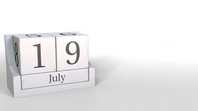 July 19 date on wood bricks calendar. 3D animation