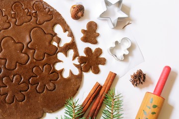 Christmas baking background with ingredients for Gingerbread cookies cutter cookie gough