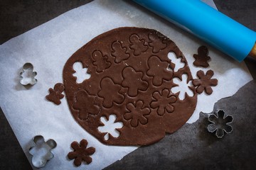 Christmas baking background with ingredients for Gingerbread cookies cutter cookie gough