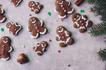 Homemade Decorated Gingerbread man cookies with icing / Christmas concept