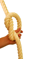 Rope loop in man's hand. Isolated on a white