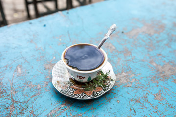Traditional dark coffee, or buna, at a street cafe in Ethiopia