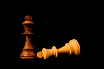 White King surreder to Black King at the end of the game. Two strandard chess wooden pieces on...
