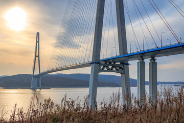 Obraz premium Suspended cable Russian bridge from the mainland of the Far-Eastern city of Vladivostok to the Russky island