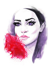 Woman face. Hand painted fashion illustration. Portrait of beautiful woman.  Stylish beautiful model for fashion design.