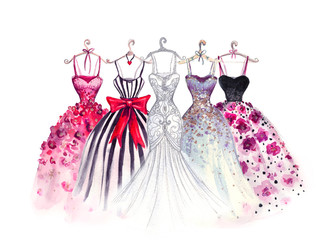  Watercolor fashion illustration. Elegant dresses. fashionable women's dress.