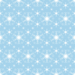Vector seamless pattern of white snowflakes on a light blue backgroun. Seamless pattern vector illustration.