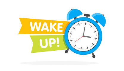 Blue Alarm clock with sign wake-up time isolated on background in flat style. Vector illustration