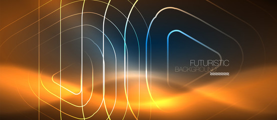 Neon glowing techno lines, hi-tech futuristic abstract background template with geometric shapes