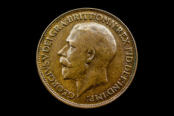 UK 1921 Farthing coin, showing head King George V and date 1921, with the surrounding legend:...