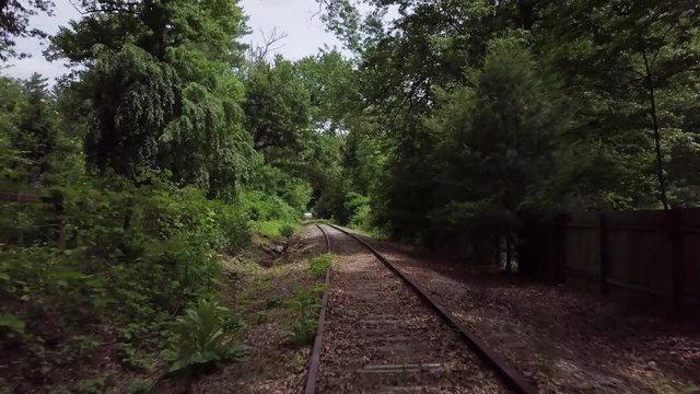 4k Aerial of abandoned train tracks in a forest