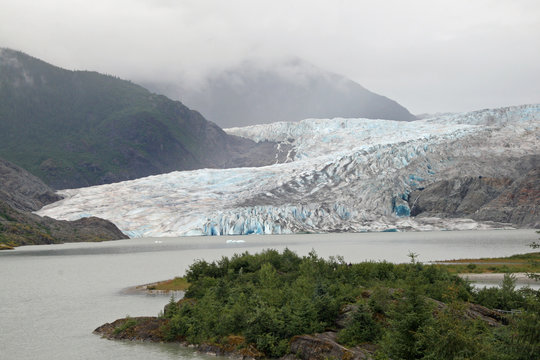 Mendenhall Glacier and Valley, Alaska, photographed from the Visitor Center on an overcast summer day.