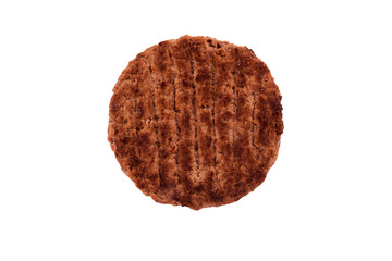 Big juicy grilled hamburger patty, isolated on white background. Directly above.
