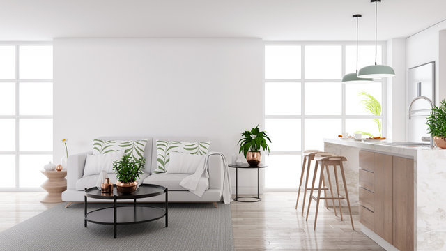 Modern mid century living and kichen room interior concept design,cozy home ,3drender