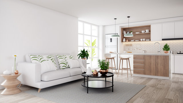 Modern mid century living and kichen room interior concept design,cozy home ,3drender