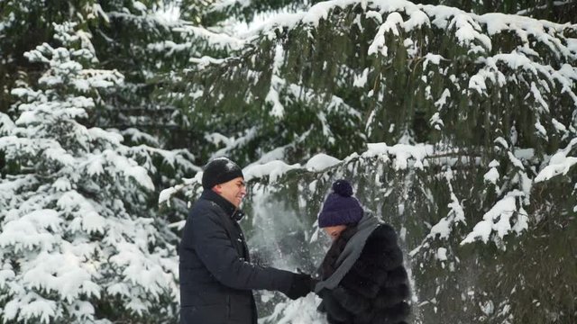Couple Throwing Snow off Tree Branch