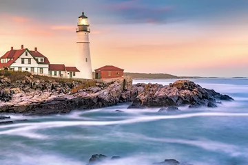 Foto auf Alu-Dibond Portland Head light at dusk. The light station sits on a head of land at the entrance of the shipping channel into Portland Harbor. Completed in 1791, it is the oldest lighthouse in Maine © mandritoiu