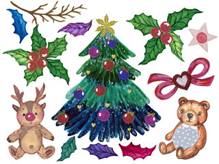 Christmas tree Christmas ornaments from the branches painted with watercolors