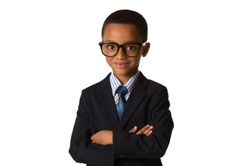 Elegant little boy with glasses in business suit. Concept of leadership and success. Isolated