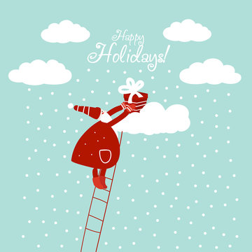 Funny Santa Claus up the stairs with present. Cute Christmas and New Year vector illustration card