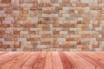 The rooms have brown brick walls and wooden flooring backgrounds.