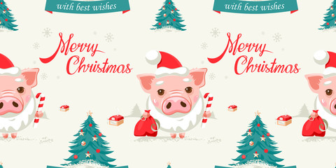 Fototapeta na wymiar Vector Christmas seamless pattern with Pig, Santa Claus hat and beard