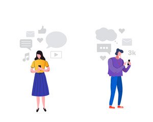 Man, woman use mobile phones.People hold phone to read messages, selfies and calls. Vector, flat