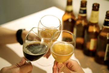 Group of friends toasting glass of wine and beer in the room. Seen in close up view of glasses from the top. Small party in the room. Having fun chit chat together.