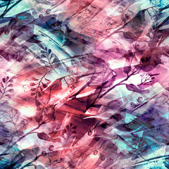 Seamless vintage pattern - branch of a linden, watercolor.splash of abstract paint,fashionable art background, shawl. Linden tree, linden flowers,  leaves. Abstract art illustration scenic background