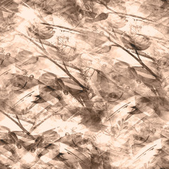  Seamless vintage pattern - branch of a linden, watercolor.splash of abstract paint,fashionable art background, shawl. Linden tree, linden flowers,  leaves. Abstract art illustration scenic background