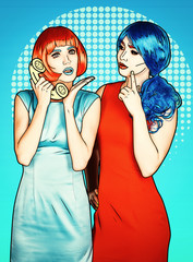 Portrait of young women in comic pop art make-up style. Females in red and blue wigs call on the phone