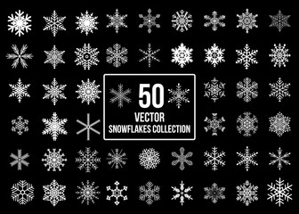 White Snowflakes winter collection isolated on black background. Flat snow icons. Christmas and new year banner, cards decoration element set. Vector Illustration