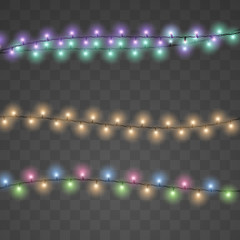 Realistic luminous garland Christmas decoration. Christmas bulbs lights isolated realistic design elements.  