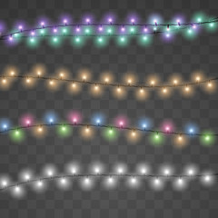 Christmas bulbs lights isolated realistic design elements. Colorful glowing lights for Xmas Holiday cards design. Realistic luminous garland decoration.