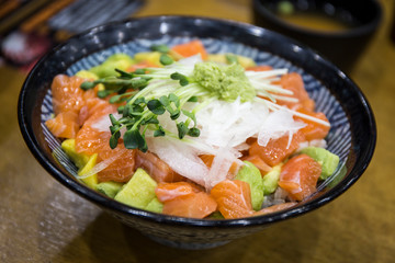 Avocado, Salmon, Onion with rice