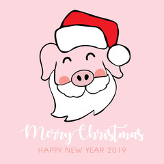Merry christmas and happy new year 2019, Cute face santa pig, Year of the pig, Greeting card on pink background