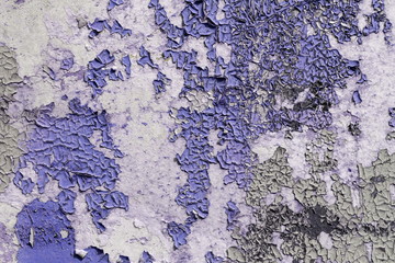 purple and grey peeling paint on the old rough concrete surface