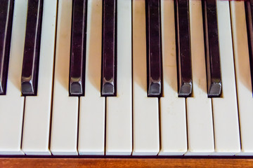 Closeup of the black and white piano keys. Top view