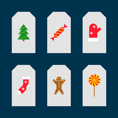 Cards with christmas icons. Gingerbread man,christmas tree, candies, sock. Vector illustration