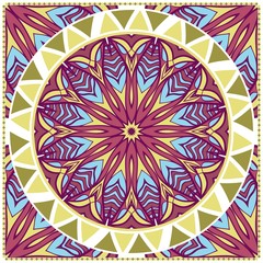Decorative colorful floral ornament with decorative border. Ethnic mandala decoration. For fashion print, bandanna, tablecloth, neck scarf